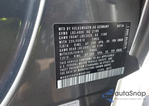 2014 Volkswagen Tiguan Sel from USA, damaged, VIN WVGAV3AXXEW605162